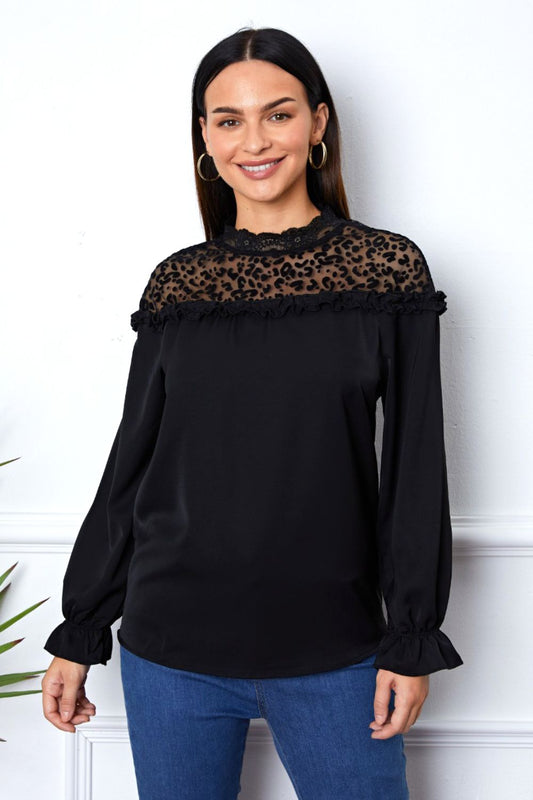 Leopard Frill Flounce Sleeve Blouse