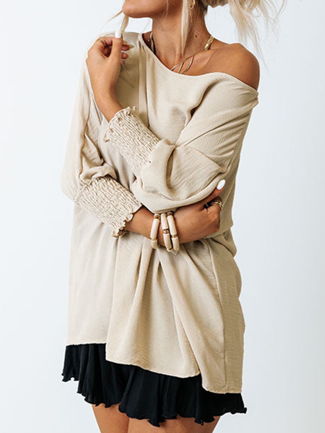 Boat Neck Three-Quarter Sleeve Blouse