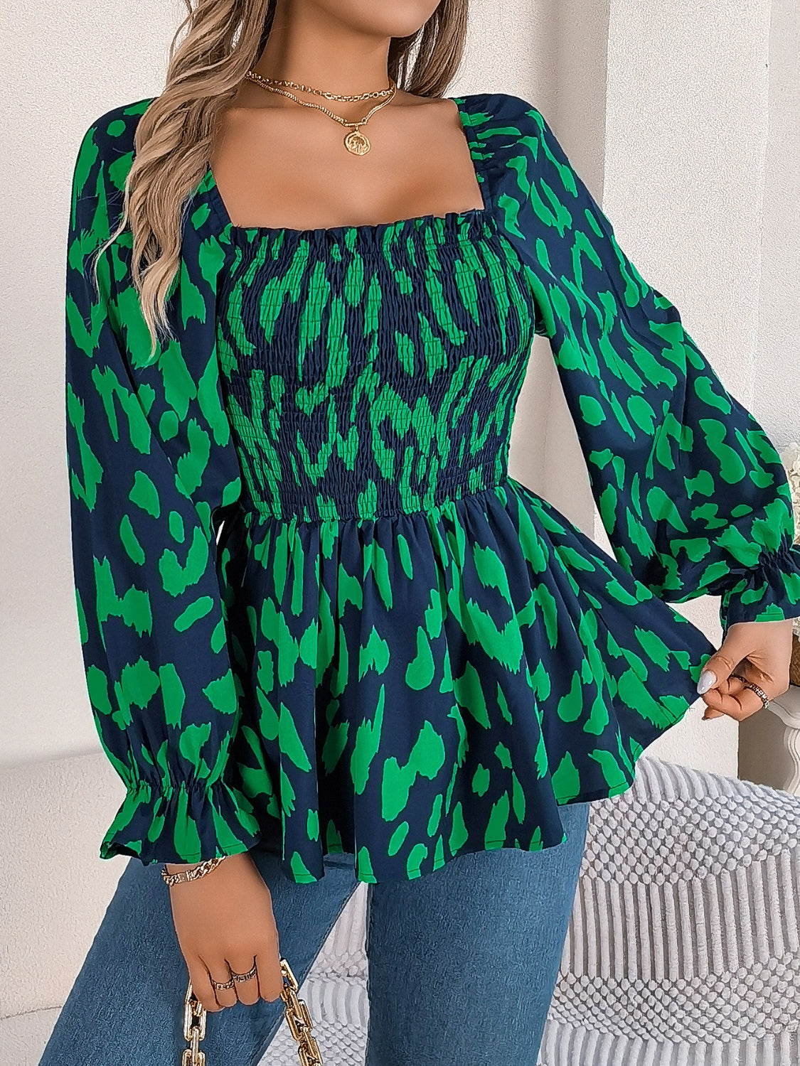 Square Neck Flounce Sleeve Blouse