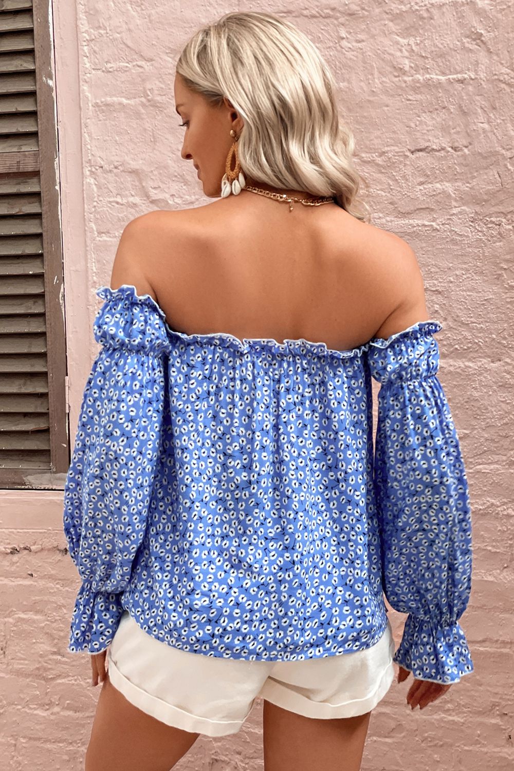 Honey Off Shoulder Printed Frill Trim Blouse