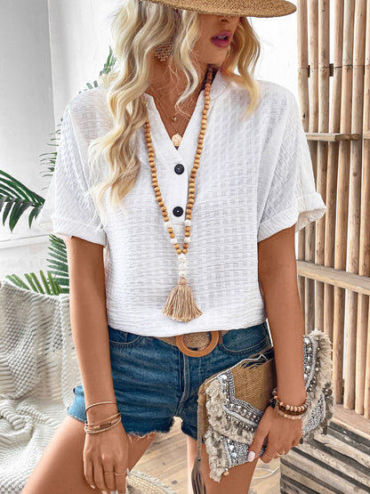 Honey Buttoned Notched Short Sleeve Blouse