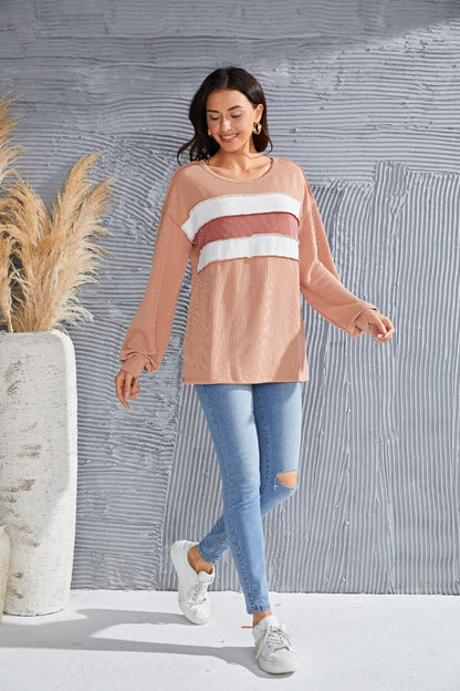 Ribbed Color Block Exposed Seam Round Neck Blouse