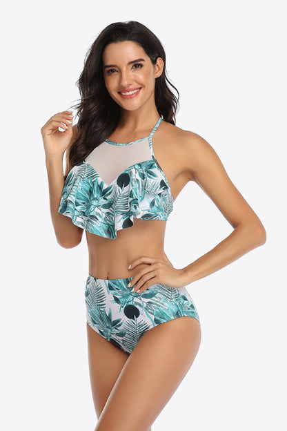 Tropical Print Ruffled Two-Piece Swimsuit