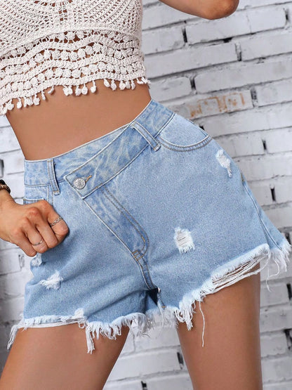 Distressed Raw Hem Denim Shorts