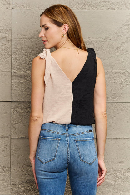 Perfee Contrast Color V-Neck Tie Shoulder Tank Top