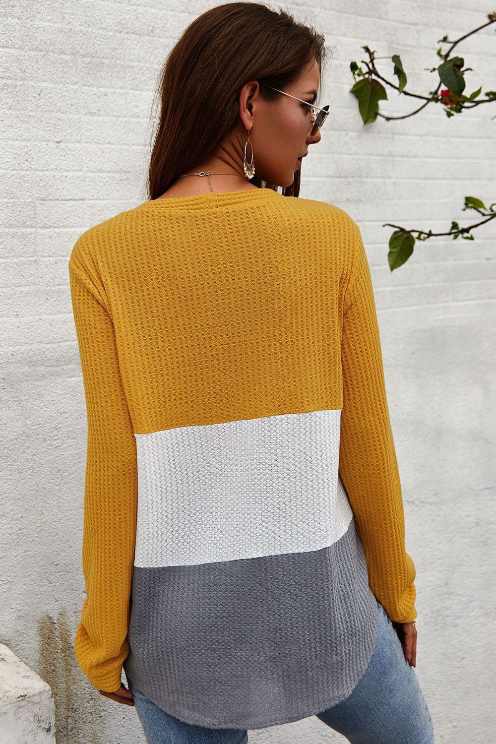 Devine Color Block Waffle Knit V-Neck Top