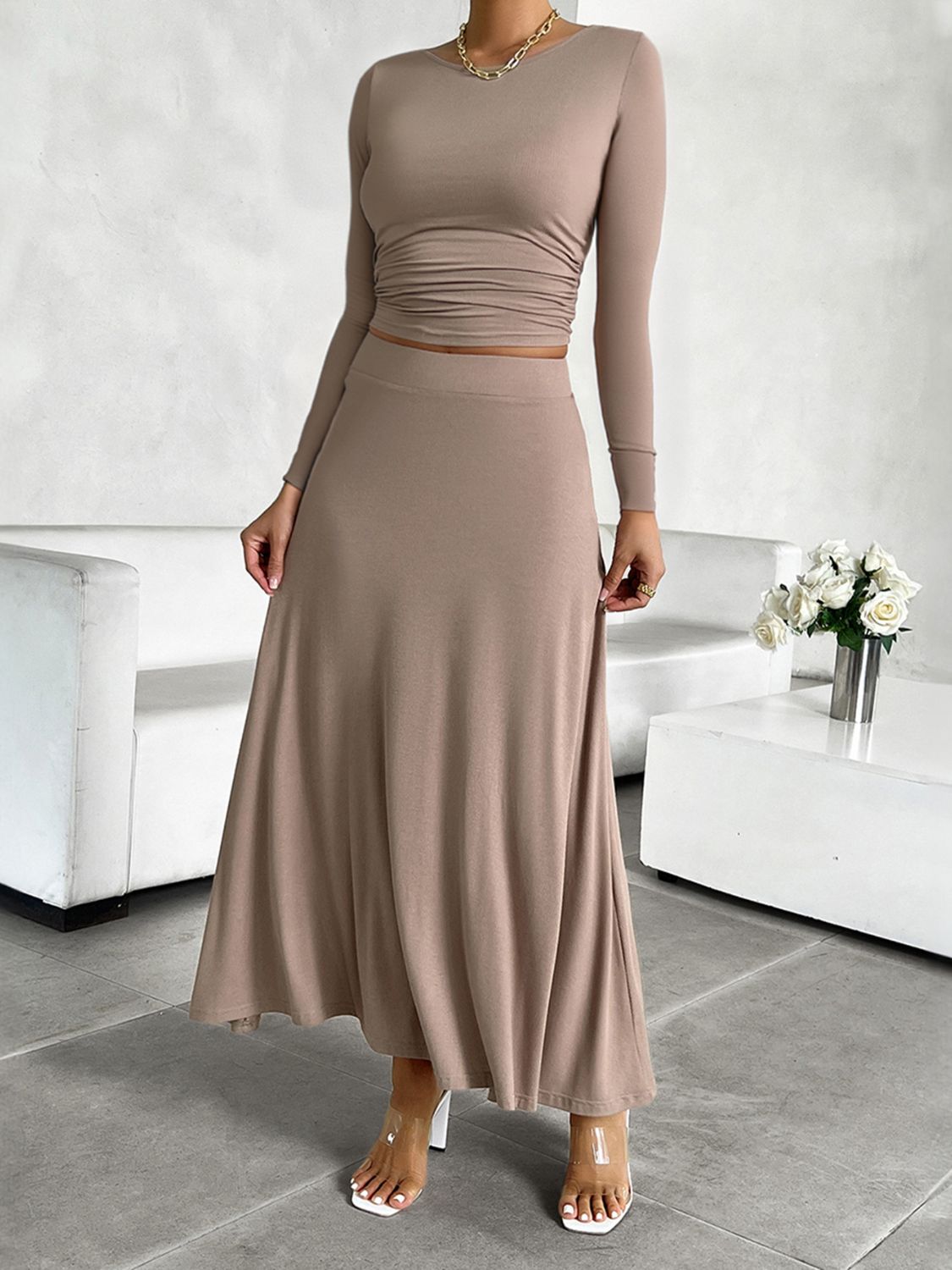 Devine Round Neck Long Sleeve Top and Skirt Set