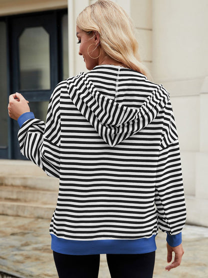 Drawstring Striped Zip Up Long Sleeve Hoodie