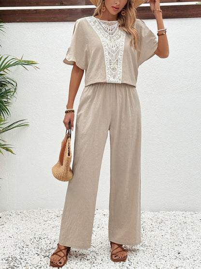 Honey Lace Detail Round Neck Top and Pants Set