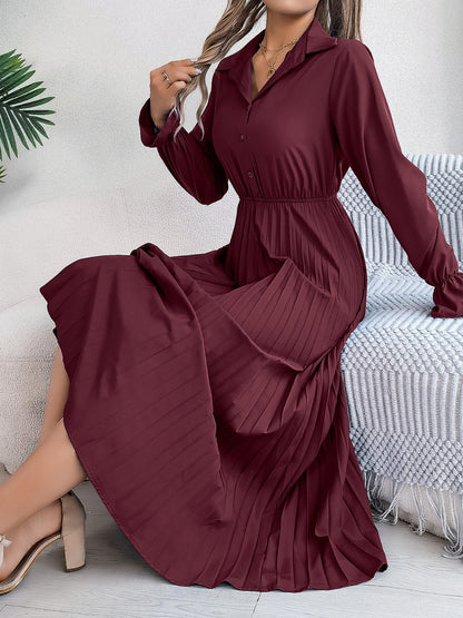 Pleated Half Button Long Sleeve Midi Dress