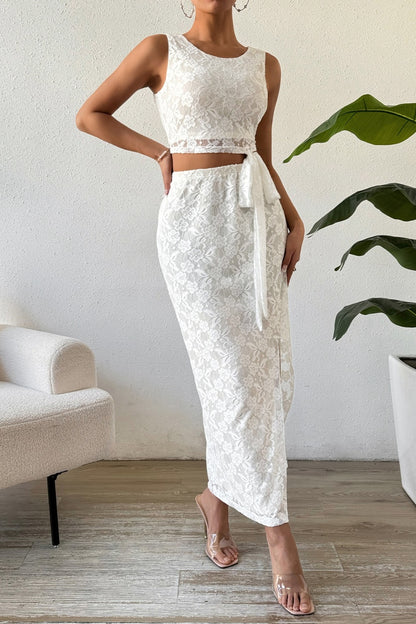 Honey Lace Round Neck Top and Slit Skirt Set