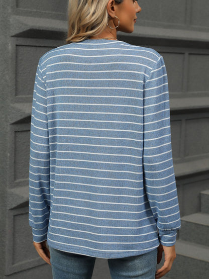 Striped Notched Long Sleeve T-Shirt