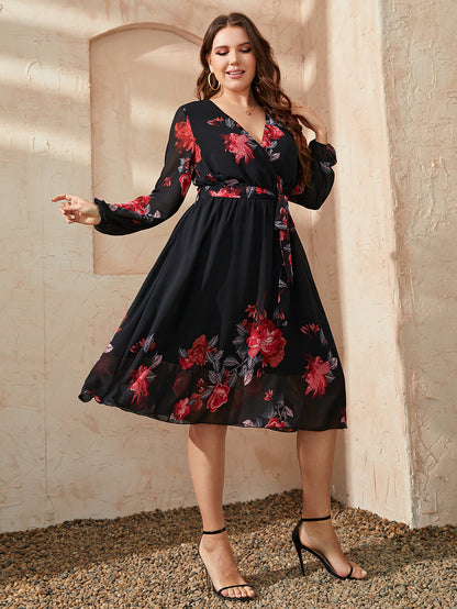 Honey Plus Size Floral Surplice Neck Tie Waist Dress