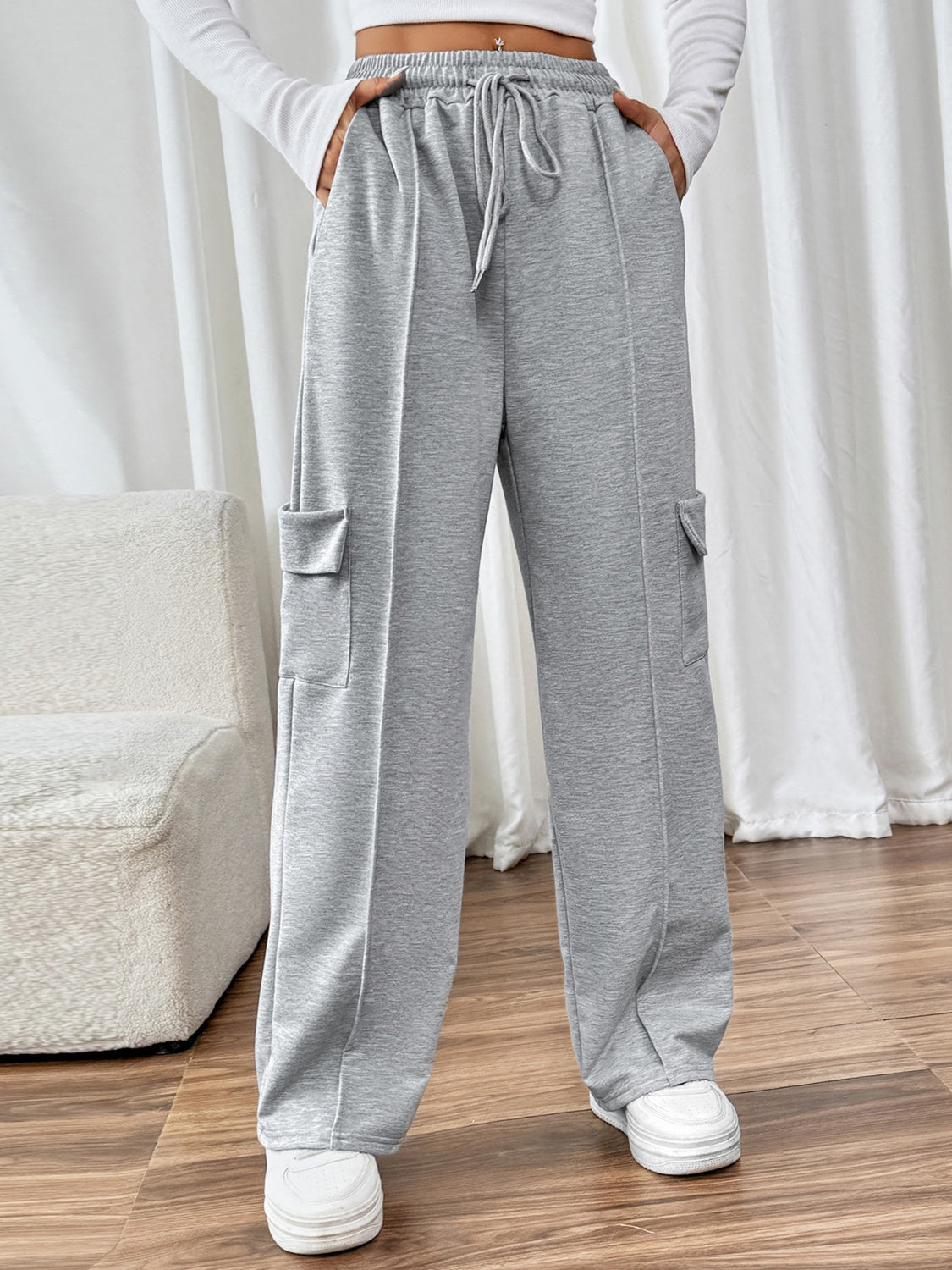 Perfee Drawstring Wide Leg Pants with Pockets