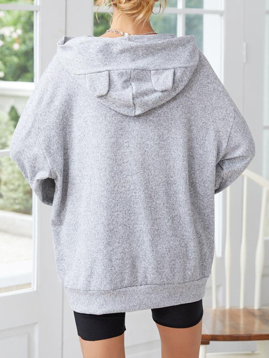 Long Sleeve Dropped Shoulder Hoodie with Ears