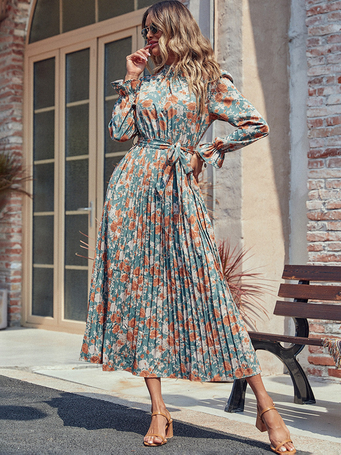 Perfee Tied Pleated Printed Mock Neck Long Sleeve Dress