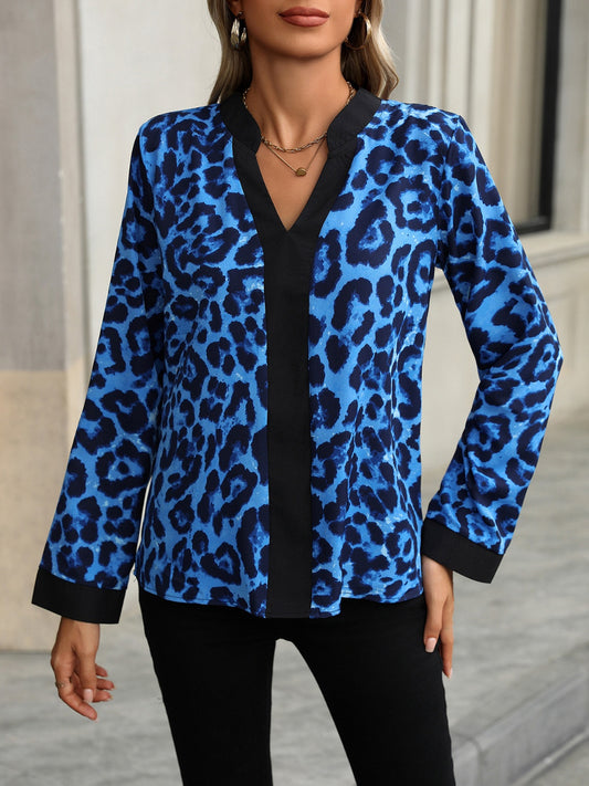 Leopard Notched Long Sleeve Blouse