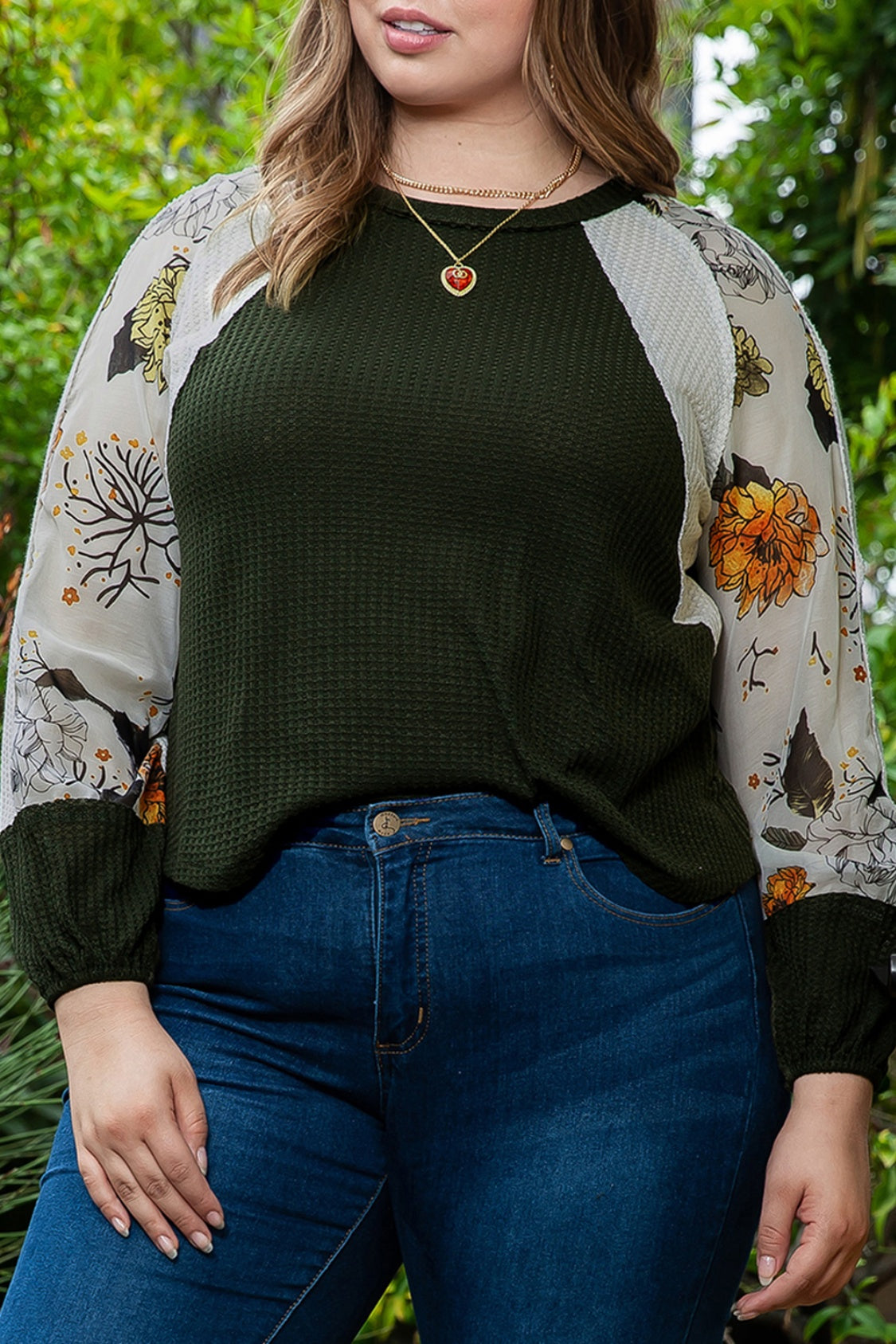 Plus Size Floral Waffle-Knit Round Neck Blouse