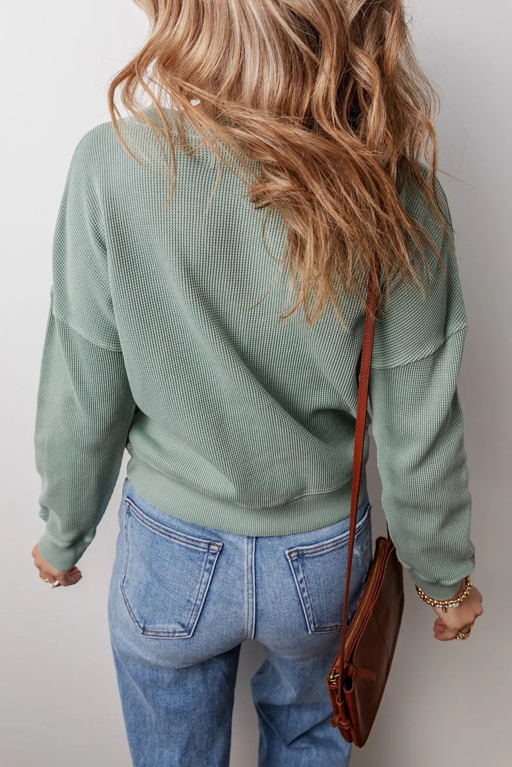 Waffle-Knit Long Sleeve Dropped Shoulder Top