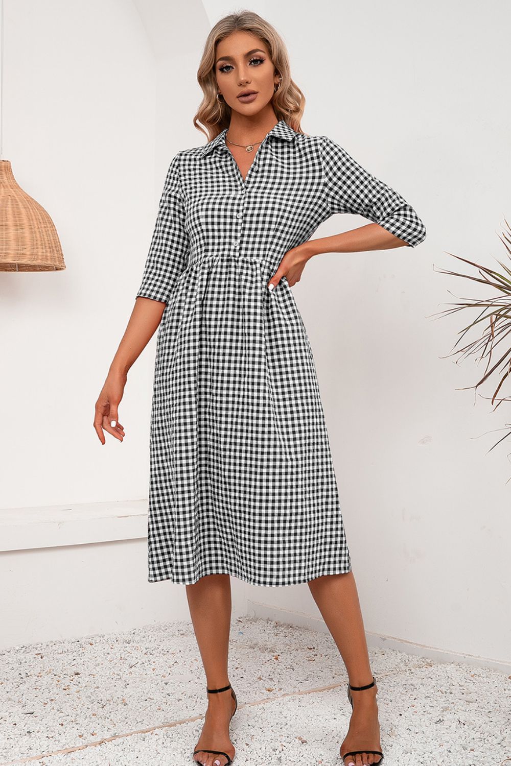 Ivy Lane Plaid Collared Neck Midi Dress