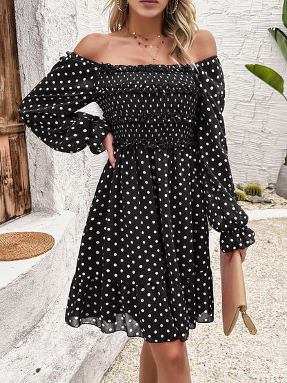 Devine Smocked Polka Dot Long Sleeve Dress