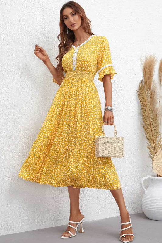 Honey Floral V-Neck Smocked Waist Midi Dress