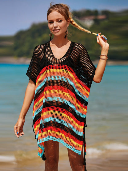 Angel Wings Cutout Striped Cover-Up with Tassel