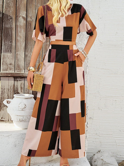 Devine Color Block V-Neck Top and Wide Leg Pants Set