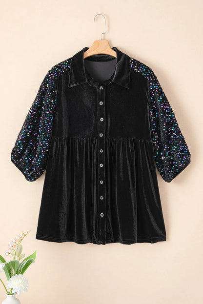 Sequin Collared Neck Three-Quarter Sleeve Oversize Shirt