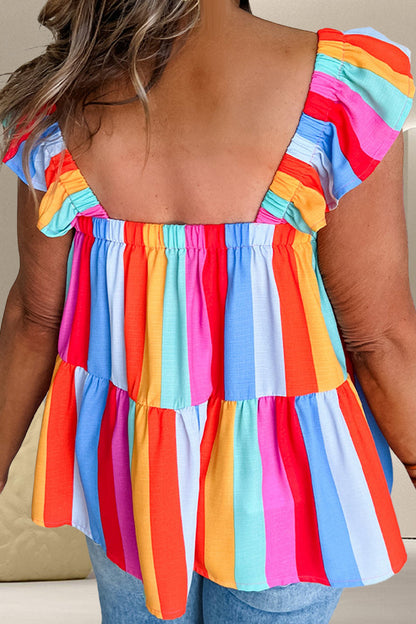 Ruffled Color Block Square Neck Top