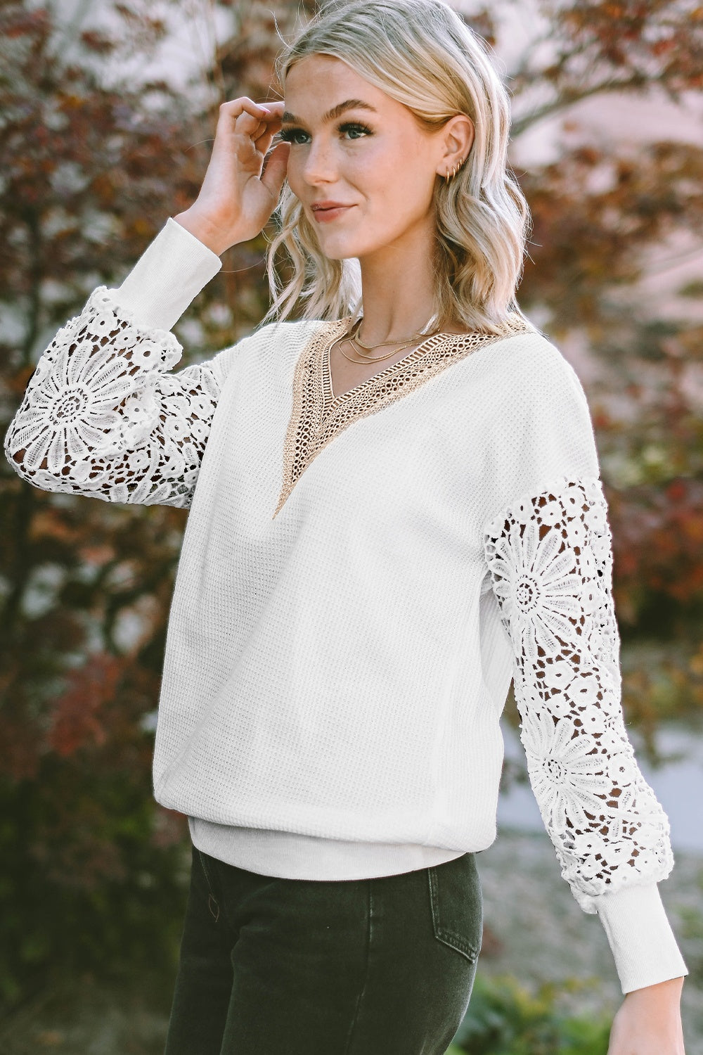 V-Neck Crochet Long Sleeve Blouse