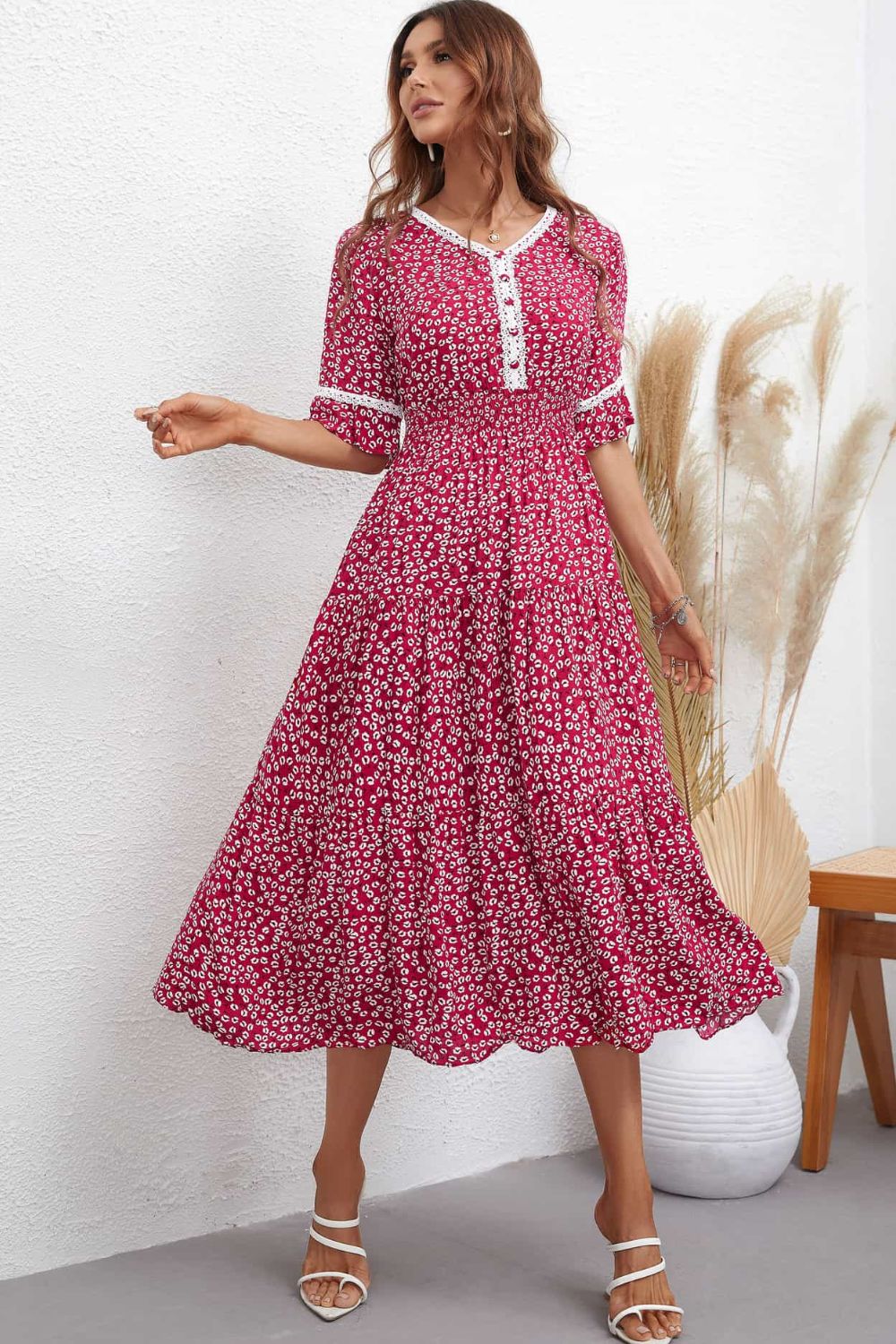 Honey Floral V-Neck Smocked Waist Midi Dress