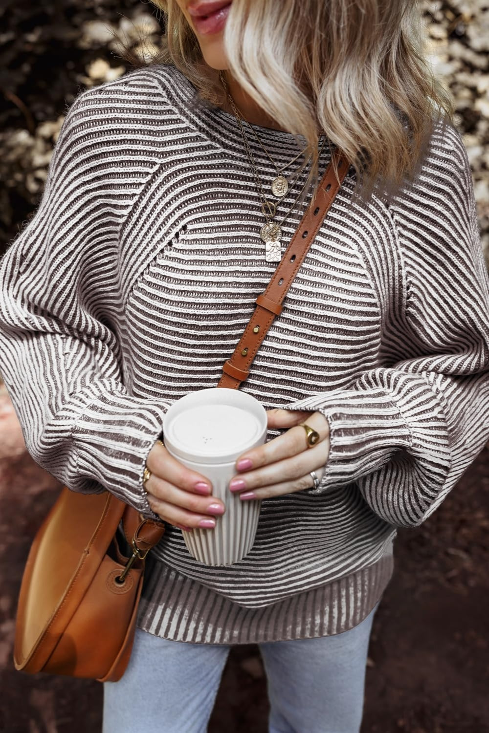 Textured Striped Round Neck Long Sleeve Top