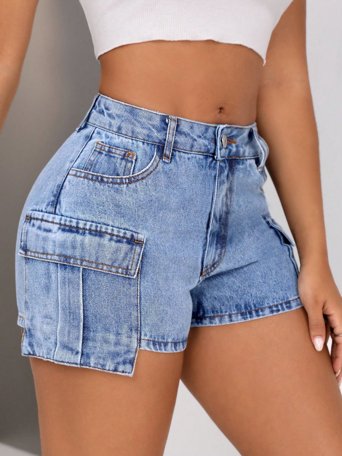 Mid-Rise Waist Denim Shorts with Pockets