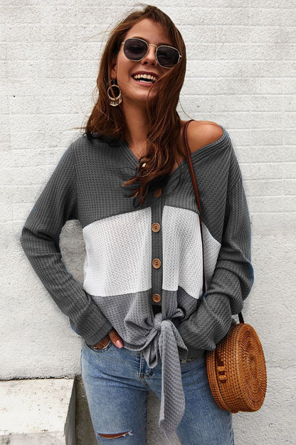 Devine Color Block Waffle Knit V-Neck Top