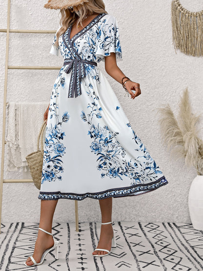 Honey Printed Surplice Flutter Sleeve Dress