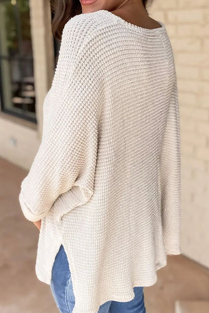 Waffle-Knit Slit V-Neck Long Sleeve Blouse