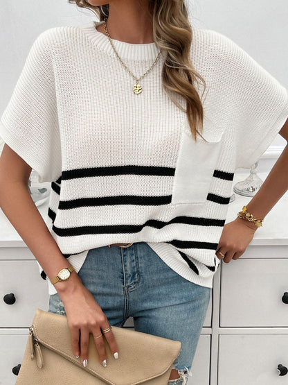 Devine Striped Round Neck Short Sleeve Sweater