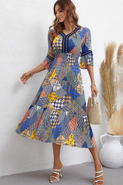 Honey Patchwork V-Neck Tiered Midi Dress