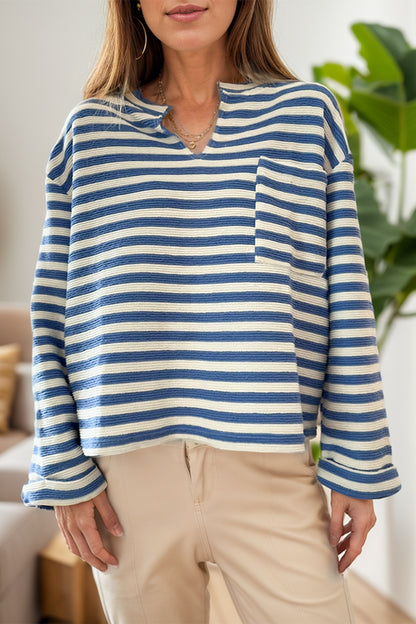 Striped Notched Long Sleeve Top