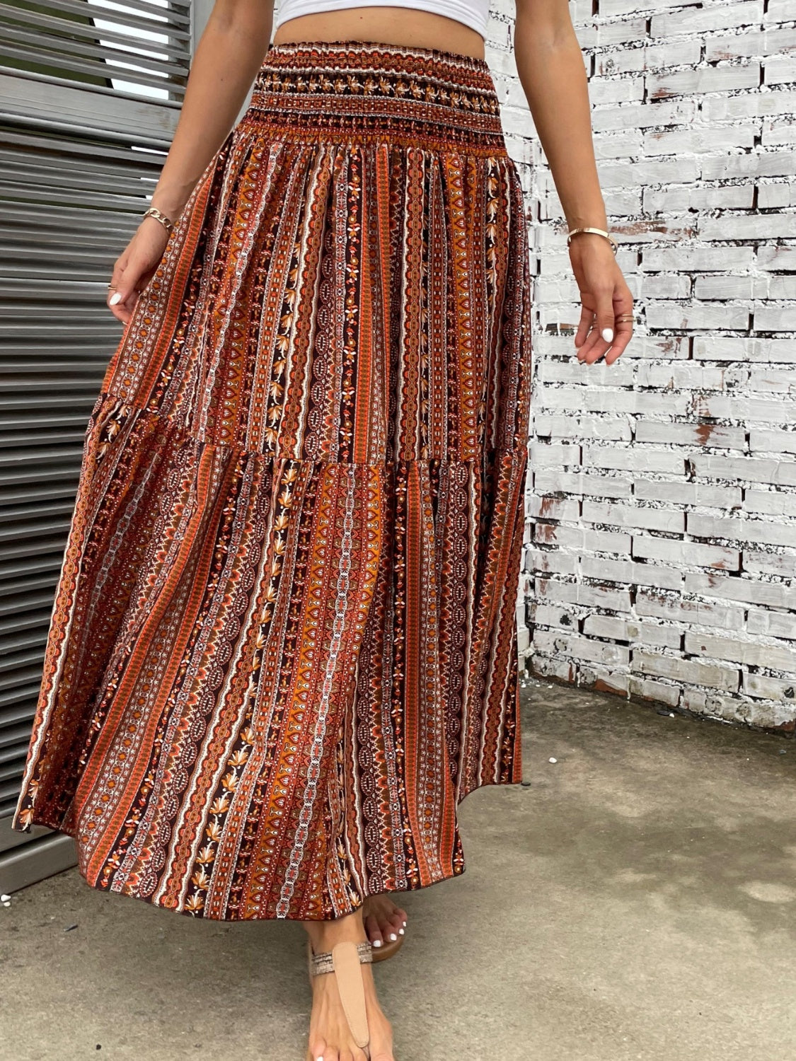 Printed Elastic Waist Maxi Skirt