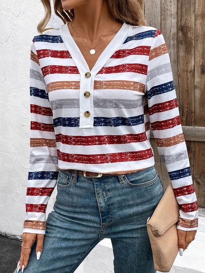 Contrast Striped V-Neck Long Sleeve T-Shirt