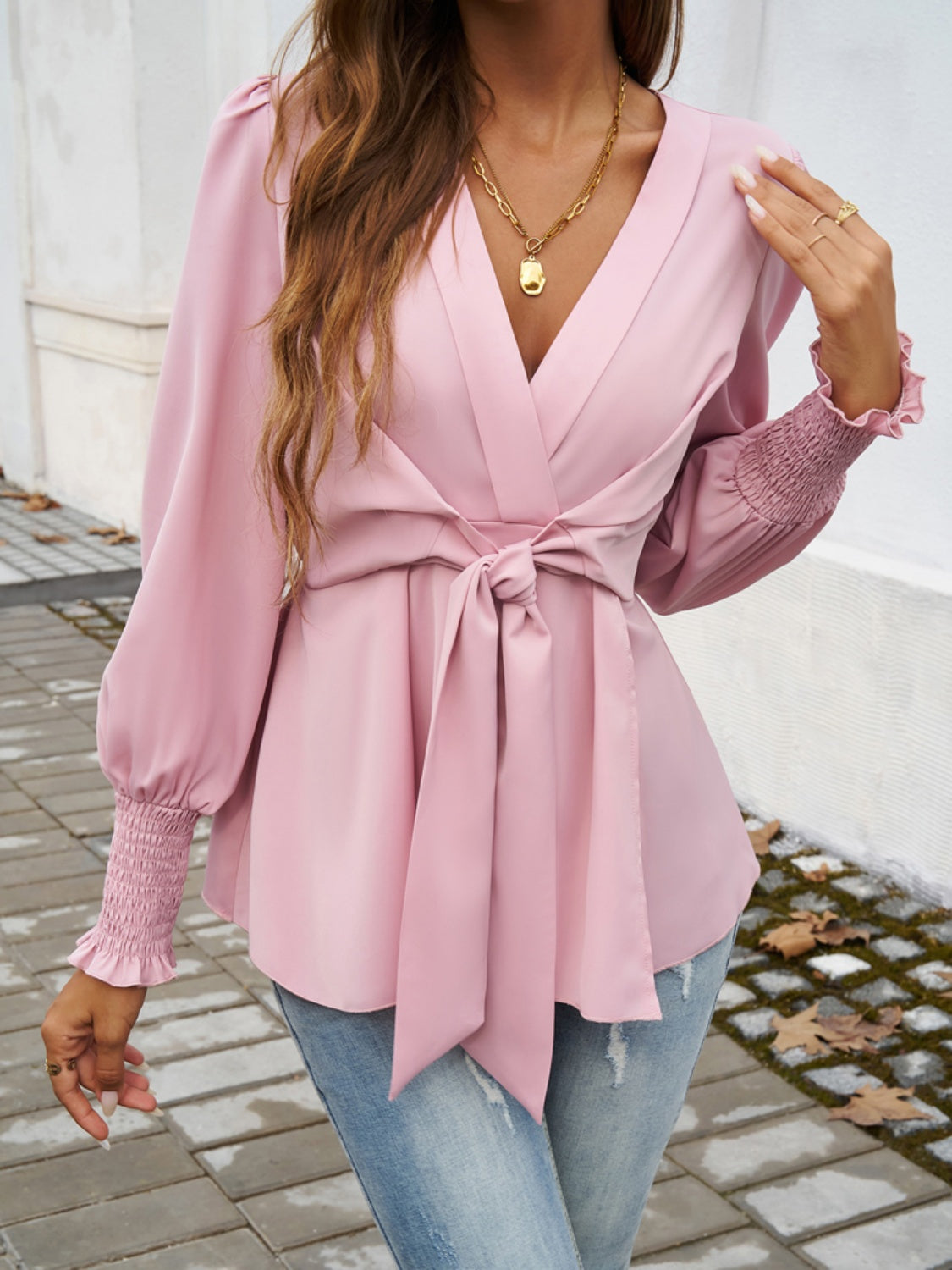 Devine Smocked Surplice Long Sleeve Blouse