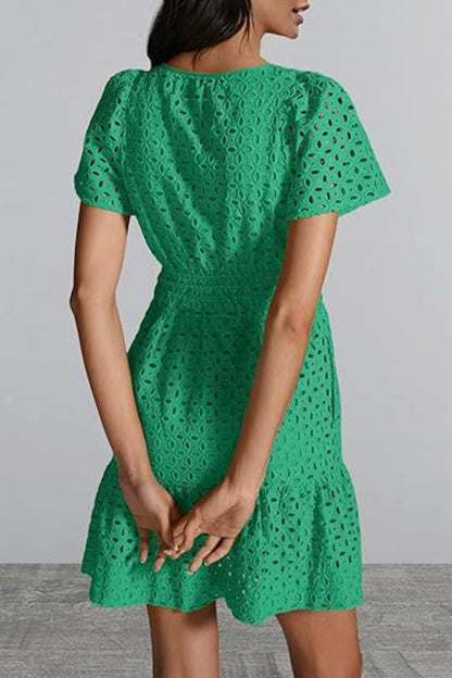 Eyelet Notched Short Sleeve Mini Dress