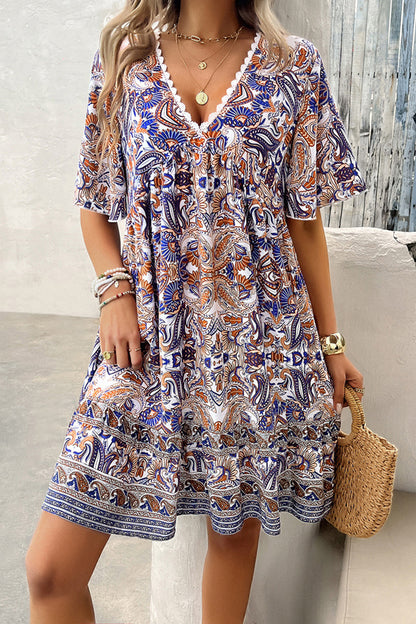 Devine Printed V-Neck Half Sleeve Mini Dress