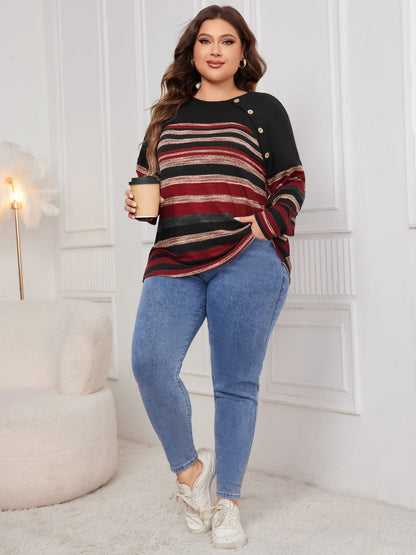 Honey Plus Size Decorative Button Striped Round Neck Long Sleeve T-Shirt