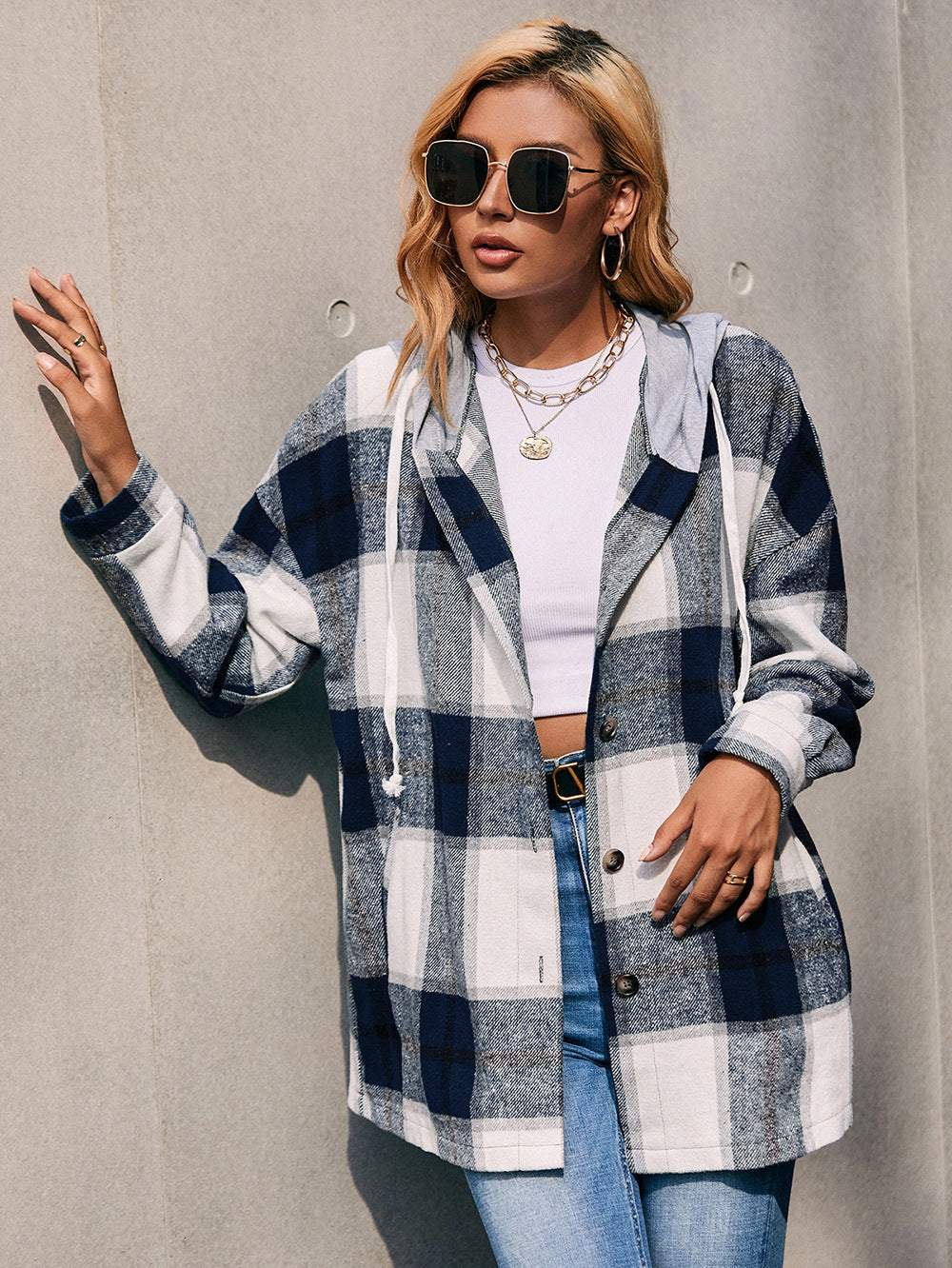 Ivy Lane Plaid Dropped Shoulder Hooded Jacket