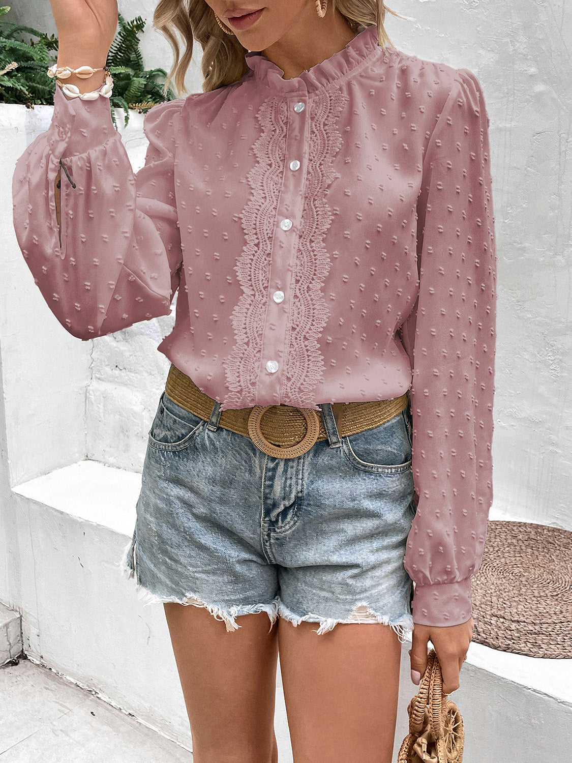 Honey Swiss Dot Lace Trim Long Sleeve Shirt