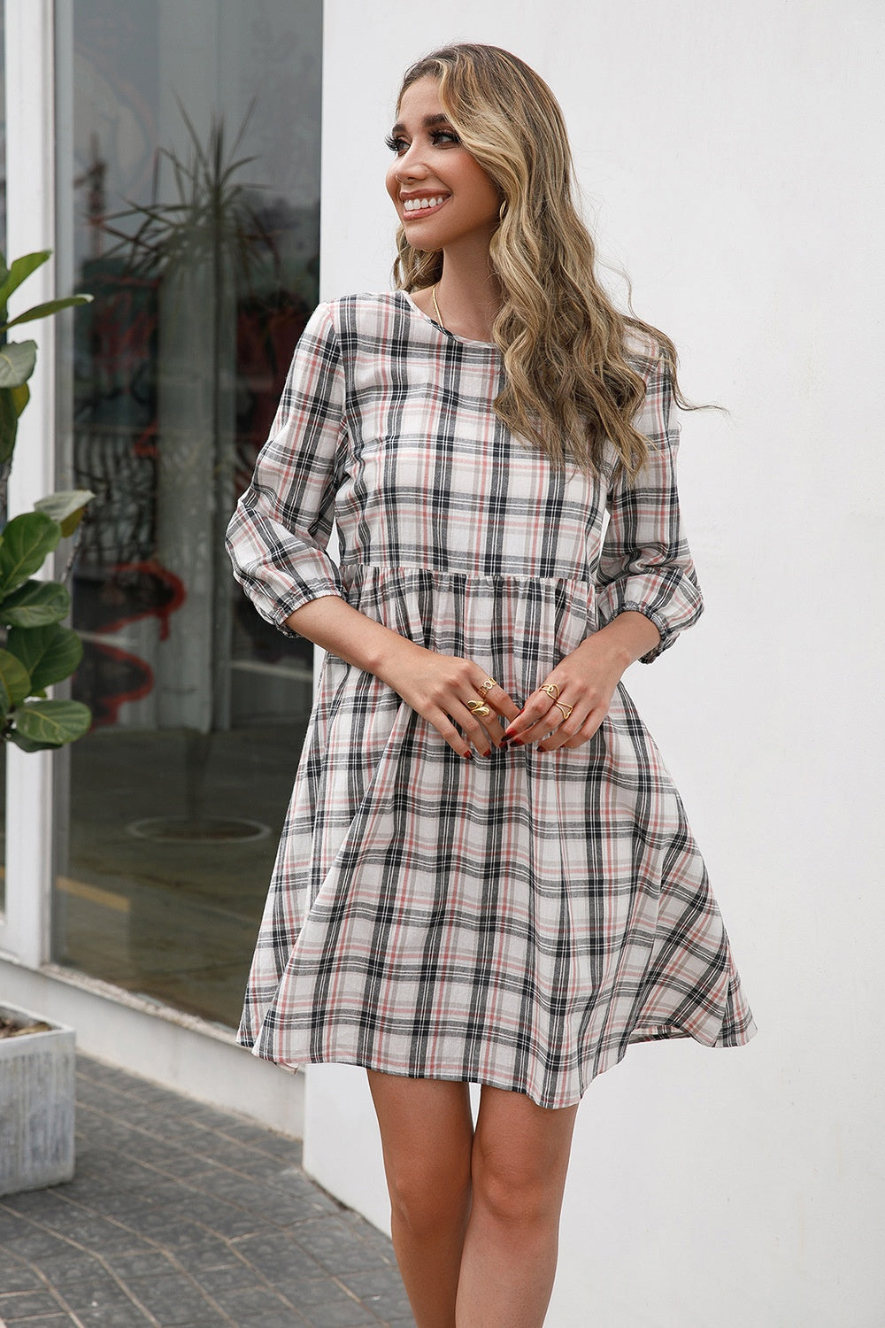 Ivy Lane Plaid Round Neck Mini Dress