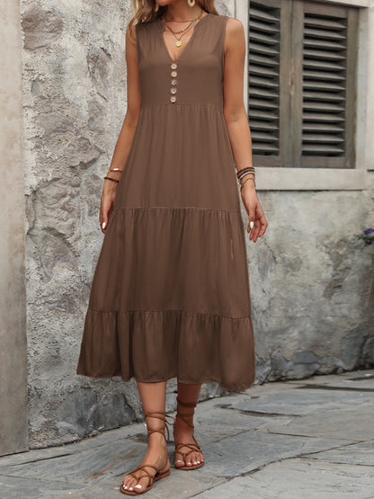 Ivy Lane Decorative Button Notched Sleeveless Dress